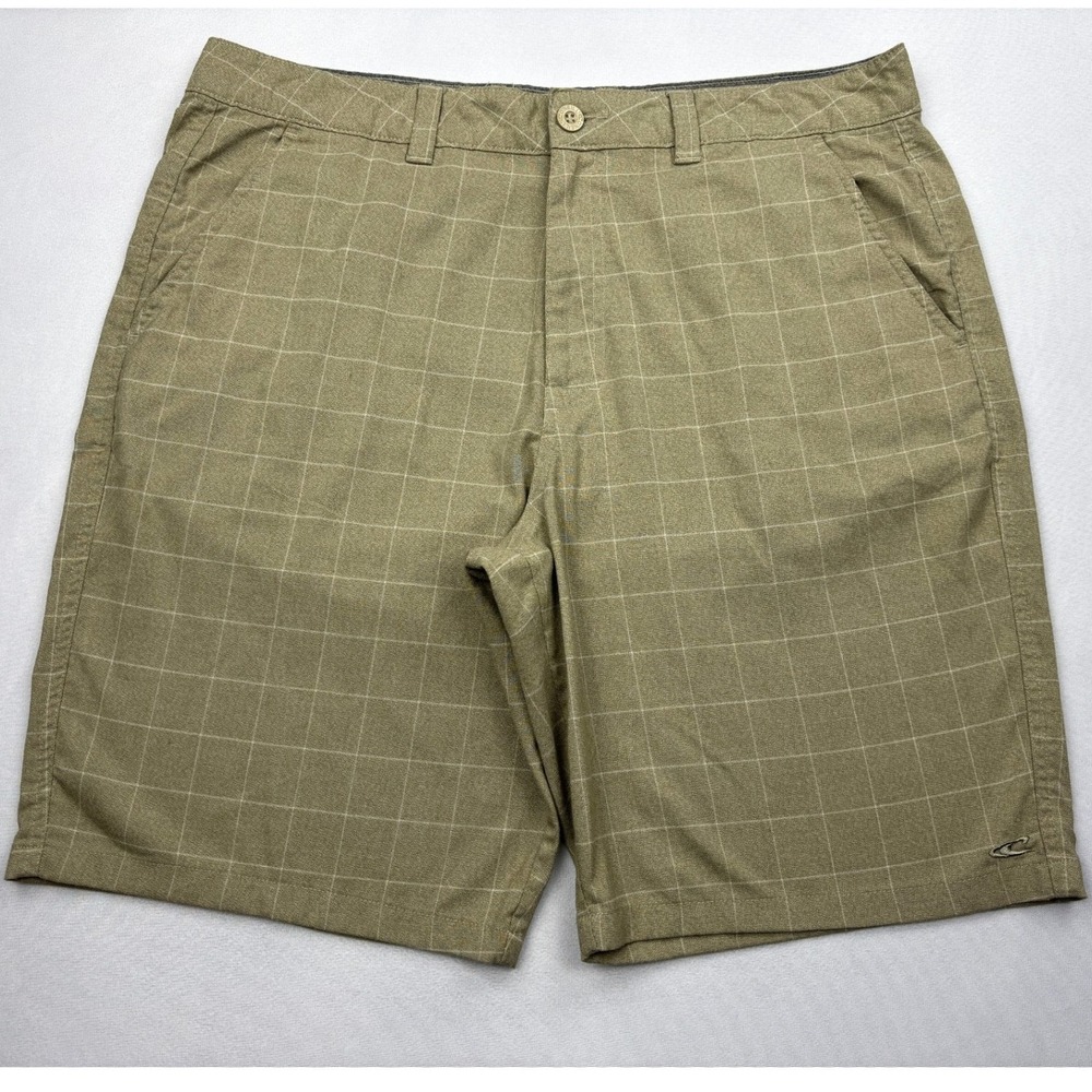 ONeill Hybrid Shorts Mens 36 Khaki Windowpane Grid Check Walk Board Shorts Swim